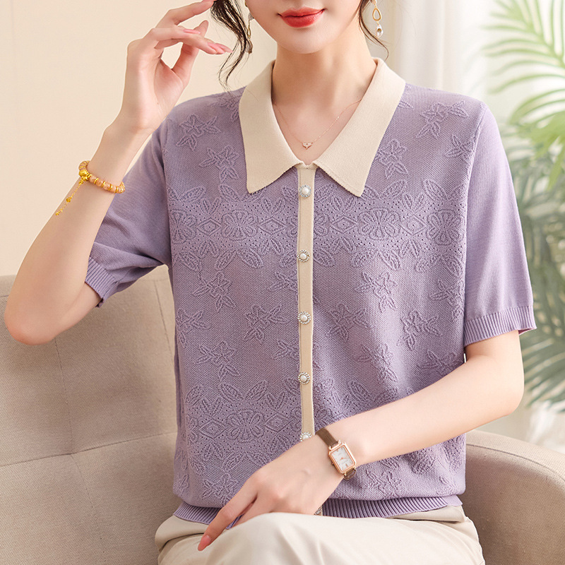 Mother's Day Summer Short-Sleeve Knit Top for Middle-Aged and Elderly Women, Stylish and Youthful Ice Silk T-Shirt Mother's Day Summer Short-Sleeve Knit Top for Middle-Aged and Elderly Women, Stylish and Youthful Ice Silk T-Shirt