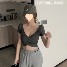 夏季新款短款显丰满上衣女韩版领性感露背短袖恤女高腰领紧身