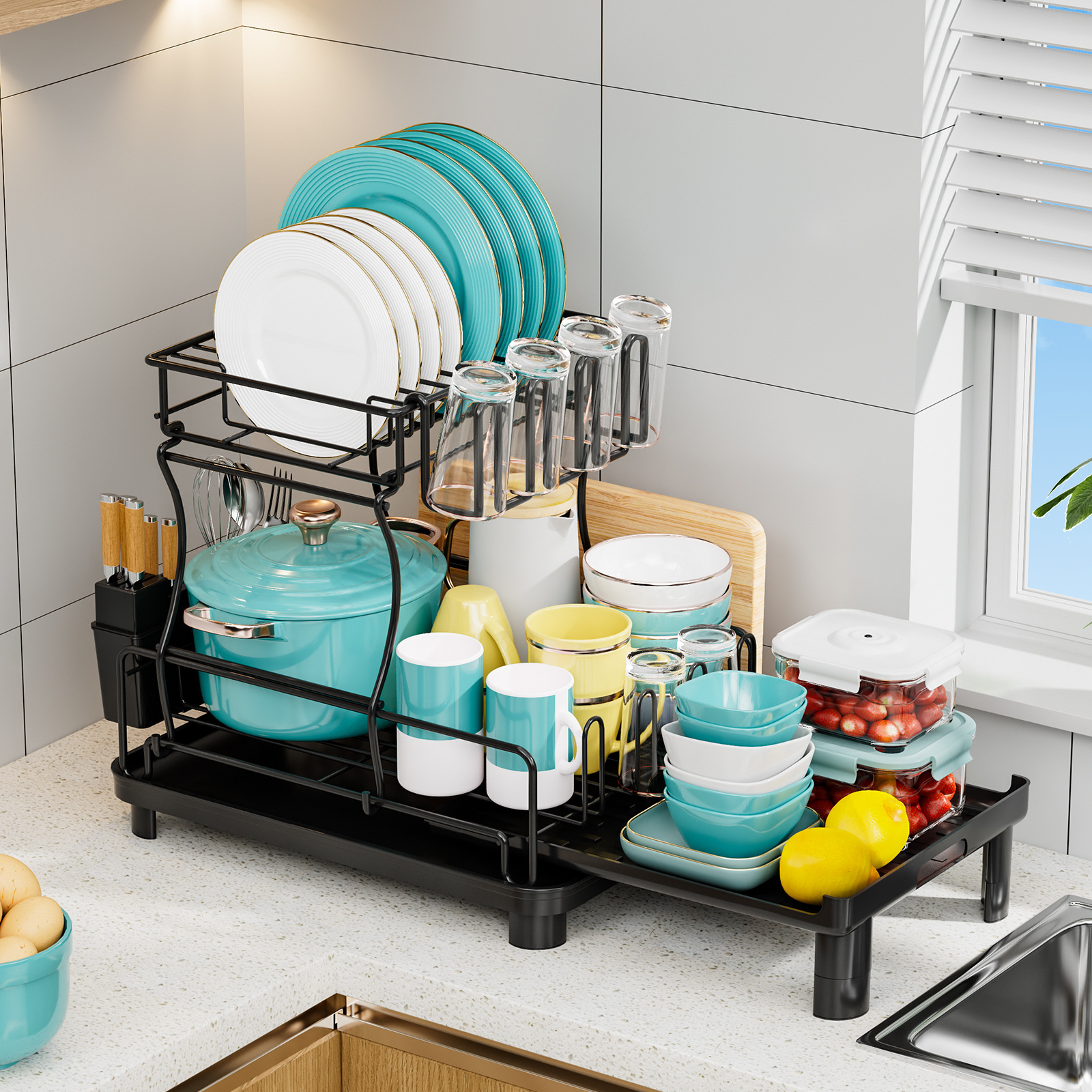 Amazon mesa doble capa drenaje rack de almacenamiento estante de platos retráctil estante de cocina para platos palillos cesta de drenaje