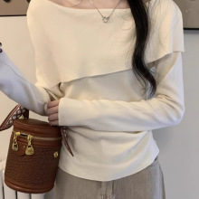 设计感一字肩翻领长袖针织衫女春秋内搭修身甜辣小衫打底毛衣上衣