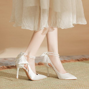 French Satin Shoes Women's Daily Wearing White Bridesmaid Bride Wedding Shoes with Wedding Dress Stiletto Heel Adult High Heels