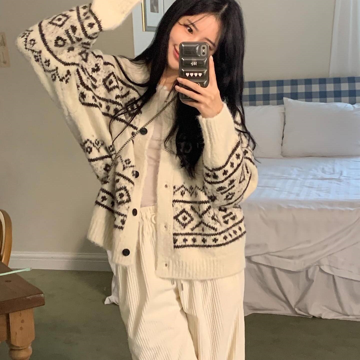 Qadın həndəsi naxışlı trikotaj kardigan, uzunqol, oversize