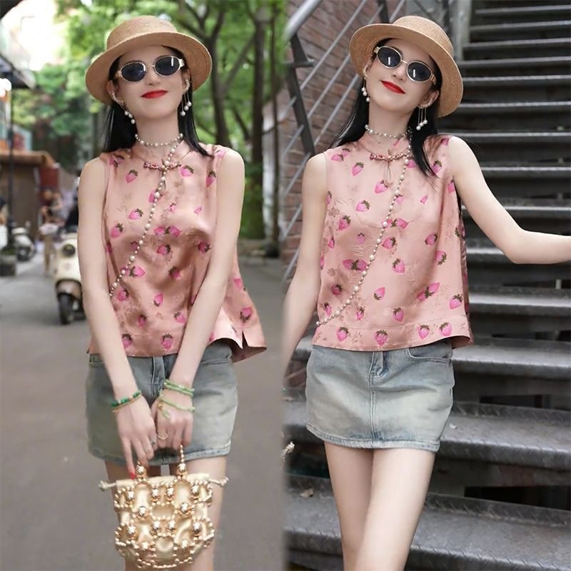 New Chinese-style stand-up collar green jacquard sleeveless vest top for women, summer national style blouse, elegant and versatile shirt