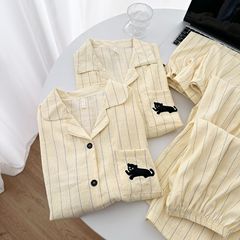 情侣睡衣三件套春夏季韩系甜美条纹短袖短裤可爱卡通三件套家居服