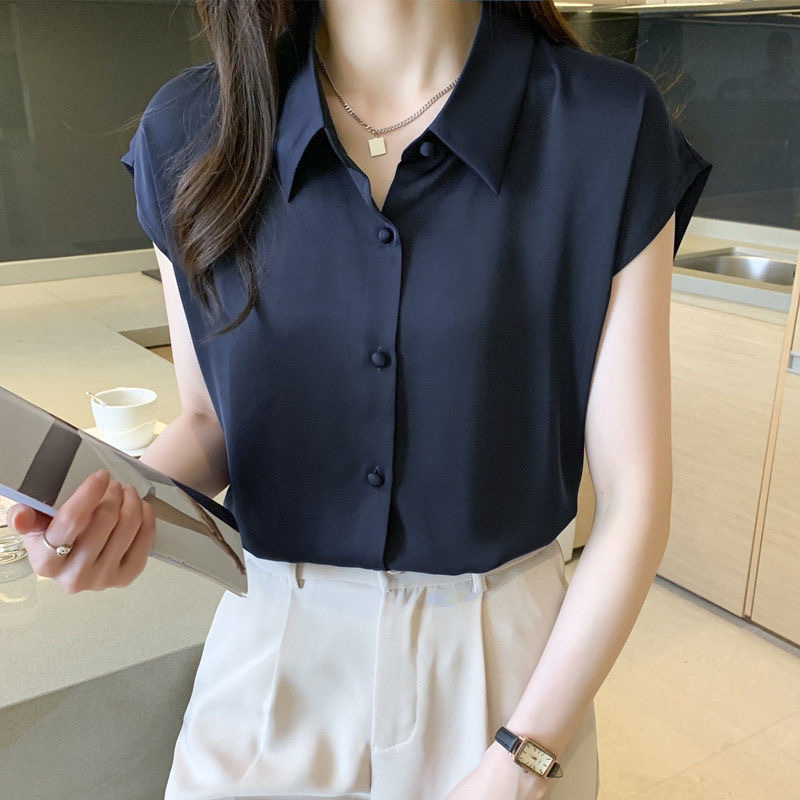 シャツの女性のデザイン感の小さい大衆2025夏の新型の気質はやせているシフォンの半袖の上着の職業のシャツの薄い金を現します。|undefined
