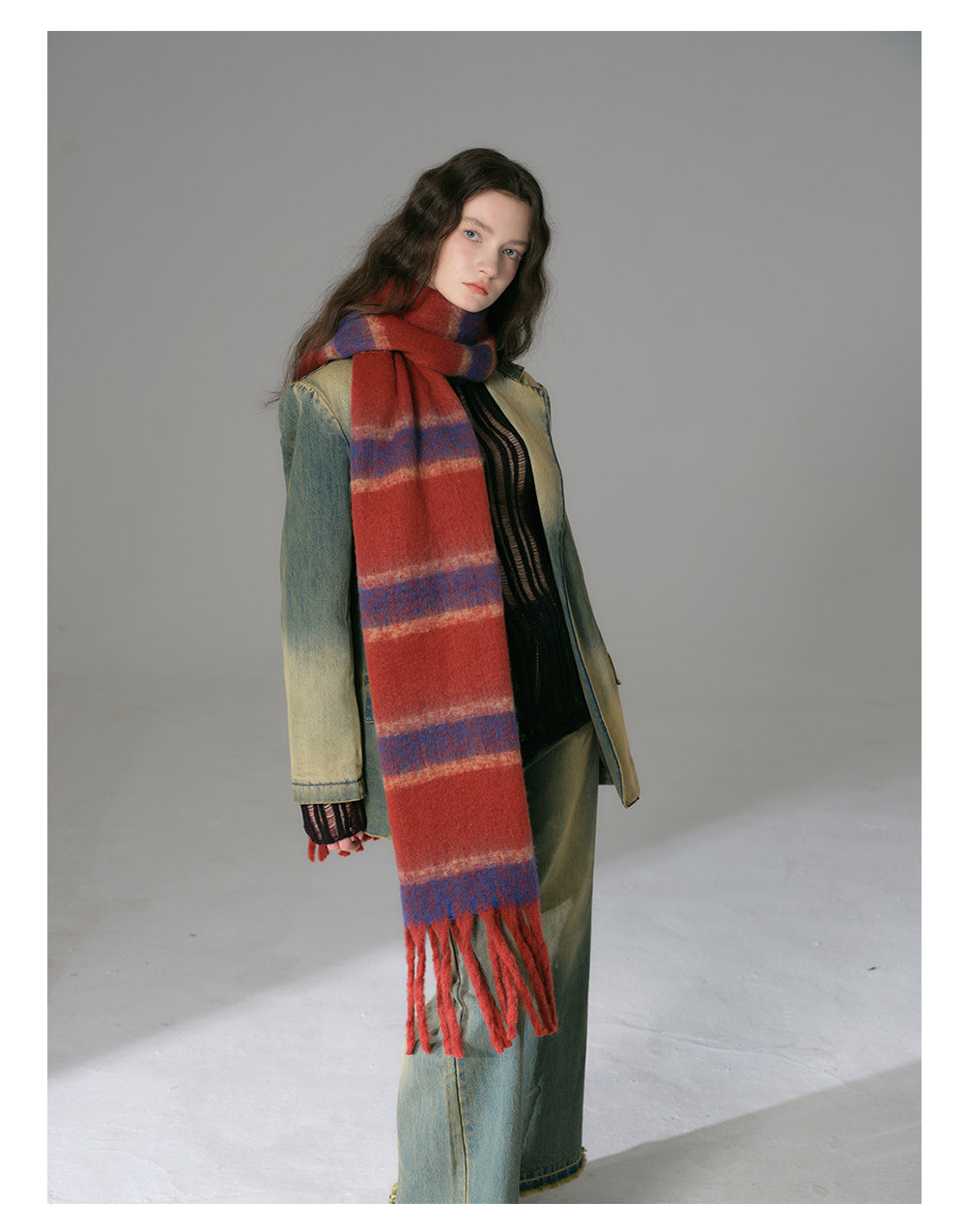 Sciarpa in cashmere imitazione barba spessa a righe abbinata a nuovi colori, scialle oversize con bavaglino oversize con frange e atmosfera morbida invernale da donna_voghion.com