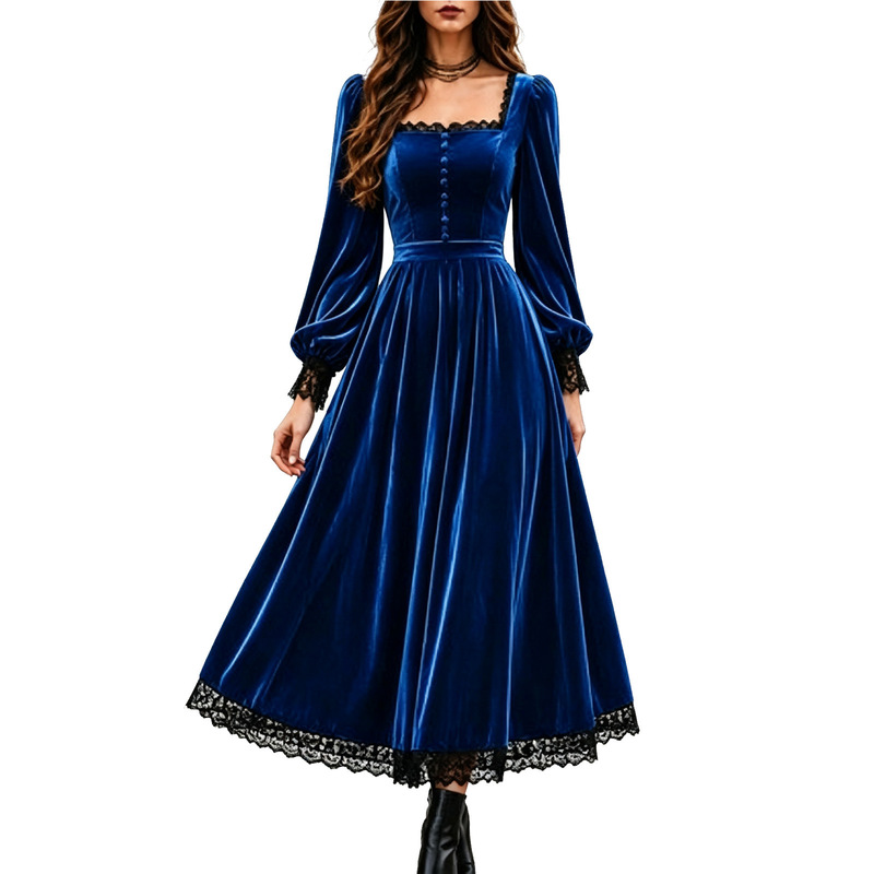 2026 European and American cross-border women's clothing: square-neck lace patchwork velvet dress, new autumn/winter evening gown with long sleeves