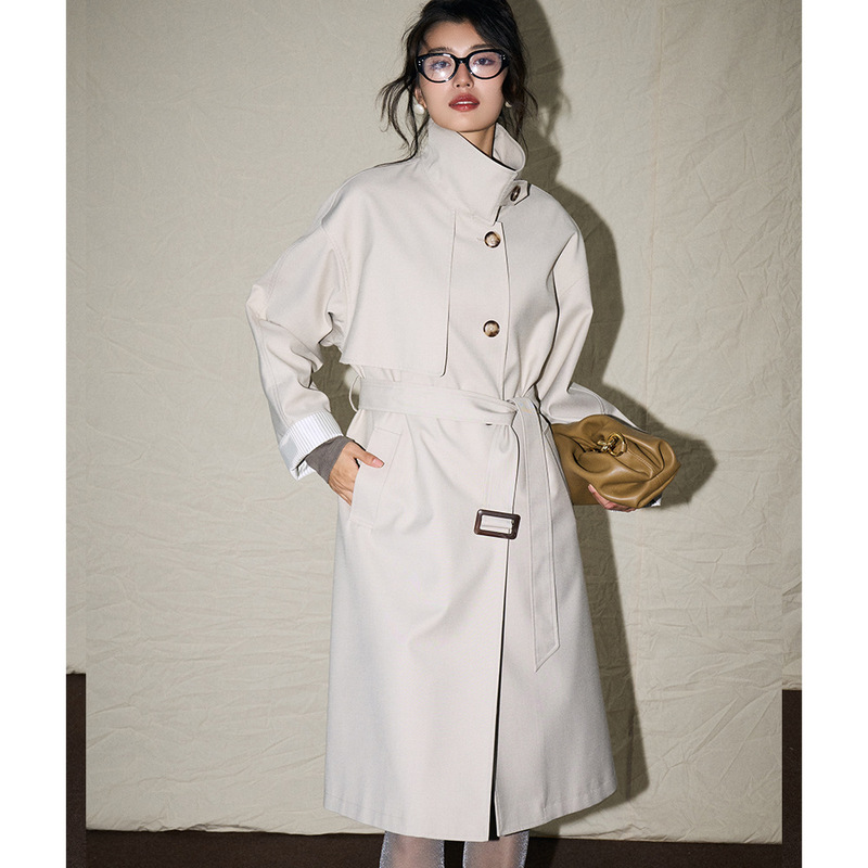 【Shengdu】26 Spring New Collection Korean Style Lazy Chic Oversized Vintage Stand Collar Versatile Mid-Length Trench Coat for Women