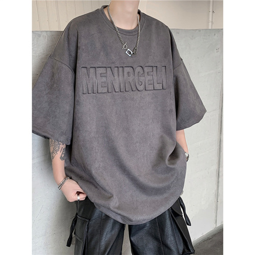 Pink Deer Skin Fleece Short-Sleeve T-Shirt for Men - Summer American Heavyweight Steel Print Retro Base Layer Loose Casual Half-Sleeve Tee