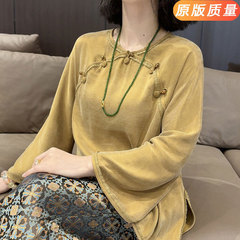 丝绒国风上衣年轻款改良旗袍长袖小衫圆领刺绣盘扣新中式衬衫女秋