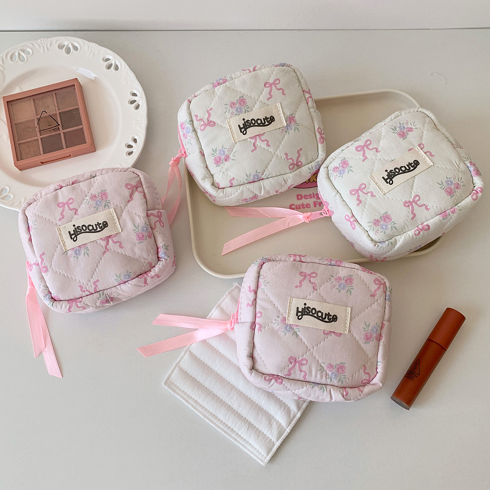 Cotton, Polyester Material Cute Bow Knot Cotton Polyester Square Makeup Bags