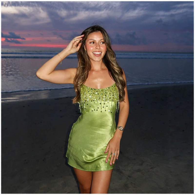2026 Cross-Border European and American Style New Short-Sleeved Sexy Sequined Suspender Skirt Suit Summer Party Women's Dress