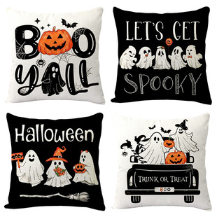Amazon's Hottest Halloween Series Linen Pillow Cover Skull Pumpkin Black and White Ghost Print Cushion Sofa Cushion