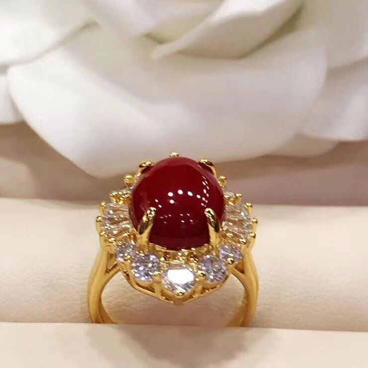 Anillo de coral de 18k de diamantes hechos a mano, anillo de moda chapado en oro, tendencia de madres, ventas calientes.