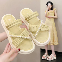 新款涼拖鞋女夏季仙女風外穿時尚網紅珍珠厚底休閒兩穿沙灘拖鞋女