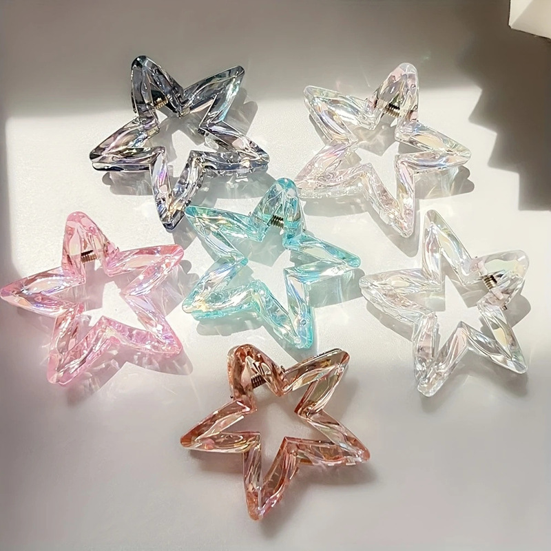 カラフルな中空スターシャーククリップ、甘いハーフタイヘアクリップ、かわいい五芒星の形のポニーテールクリップ、ファッショナブルなヘアクリップ|undefined