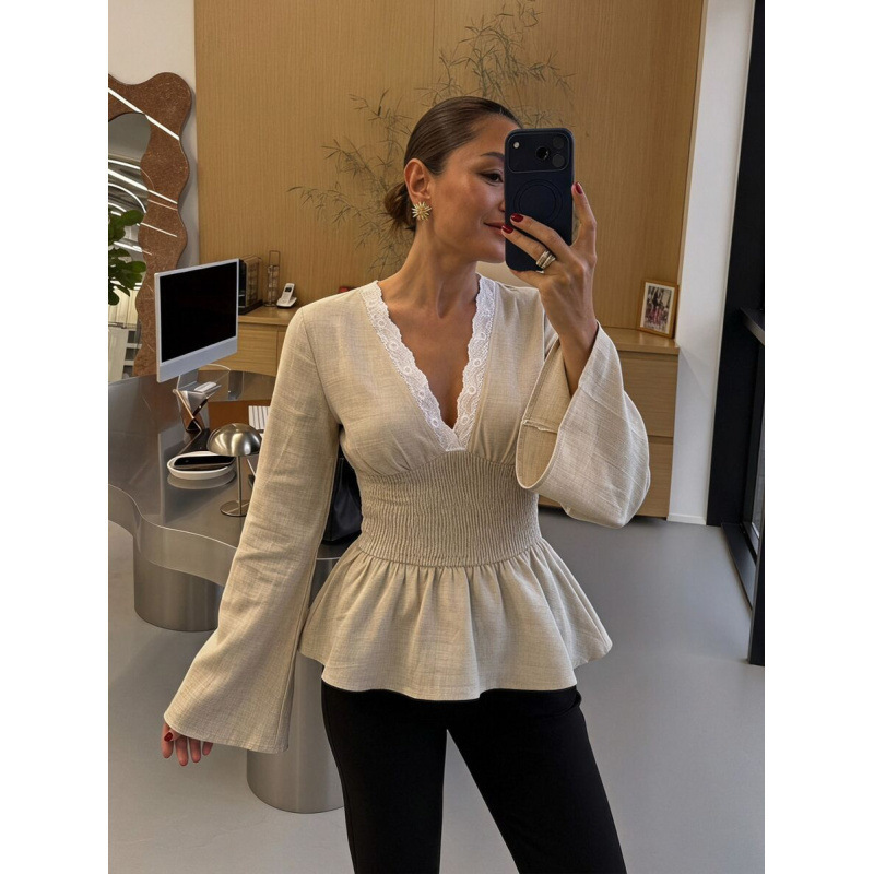 Amazon cross-border beige cream white lace trim V-neck ruched waist bell sleeve ruffle top blouse for women