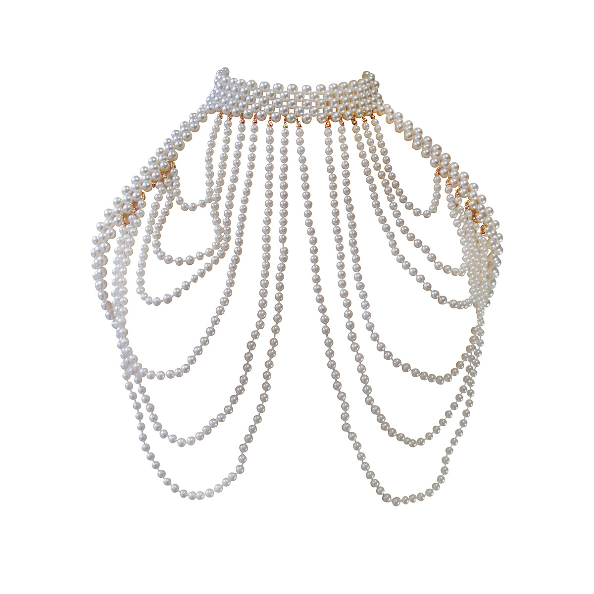 Joyas transfronterizas europeas y americanas sexy cadena de pecho de perlas de imitación multicapa moda femenina lujo ligero sentido de alta gama cadena de cuerpo de perlas de la industria pesada