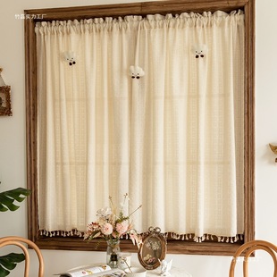 French-Style Vintage Half Curtain Kitchen Short Curtain Tassel Cotton Linen Curtain American Pastoral Sheer Curtain Bay Window Bedroom Partition