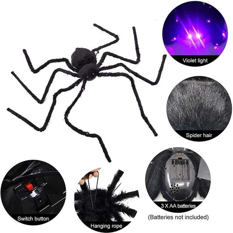 Nuevos productos transfronterizos Red de araña luminosa de Halloween Red triangular Red de abanico Araña luminosa Araña de felpa eléctrica