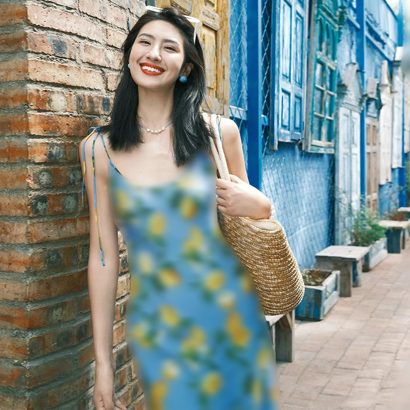 Spot 833-1 Summer French Silk Printed Strappy Long Skirt Bias-Cut Dress Slim Fit