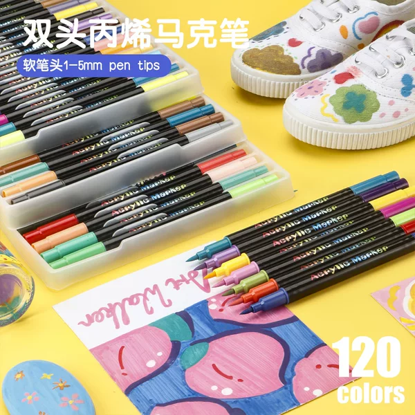 Cross-Border Soft-Tipped Acrylic Marker Pen with Dual Tips and Dual Colors, Non-Transparent and Layerable, Suitable for Students and Children's Art Graffiti Drawing