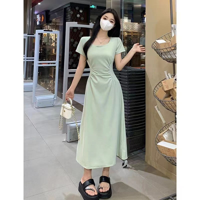 2025 New Summer Skirt Short-Sleeved Pleated Design Slimming Look Fashionable Waist Mid-Length Dress for Women