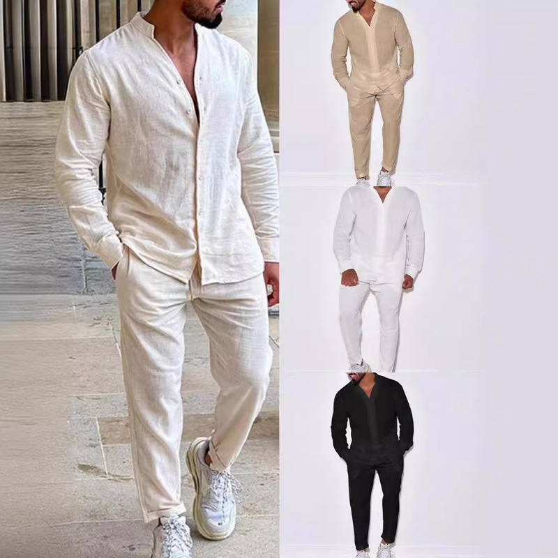 Cross-Border European and American Sports Suit Men's Linen Autumn Casual Suit Long-Sleeved Fashion Overalls Trousers Foreign Trade Two-Piece Set