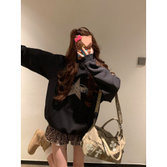 韩系甜酷风黑色连帽卫衣女2025秋季新款豹纹星星印花宽松长袖上衣