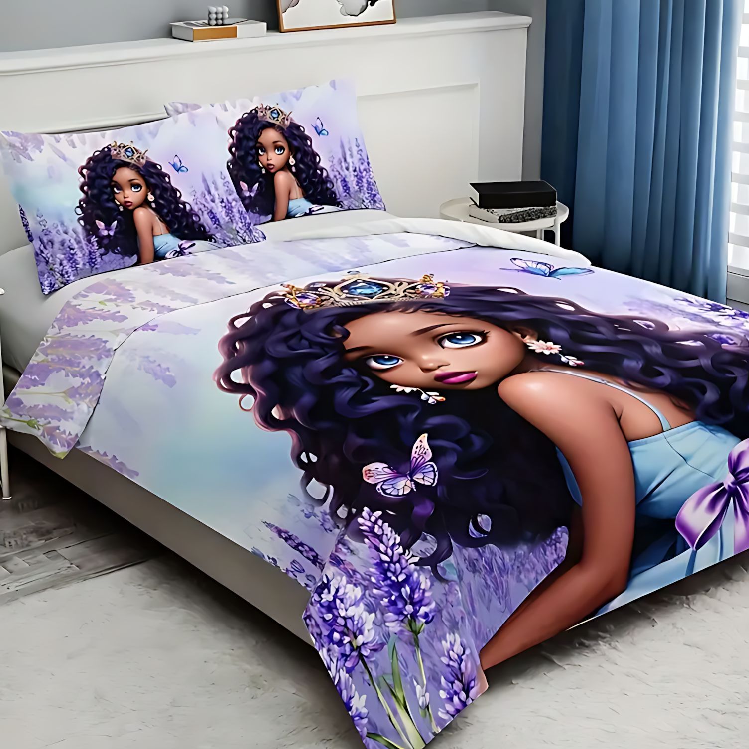 TEMU / JIT juguetón modelo de niña de piel negra impresión digital HD suave y cómodo conjunto de edredón