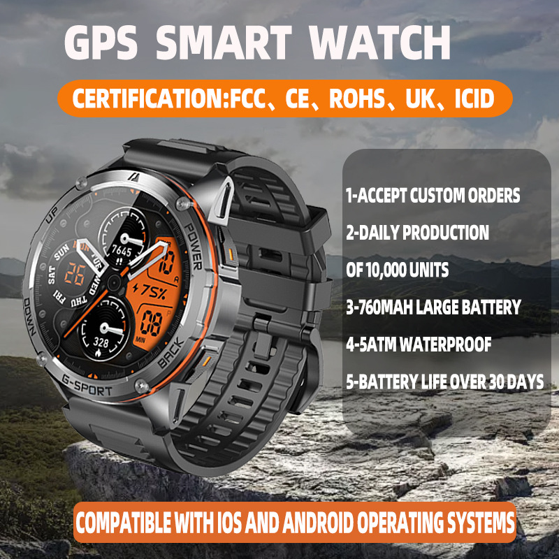 W30亞馬遜GPS智能手表衛(wèi)星定位健康心率IP69防水藍(lán)牙通話手環(huán)加工