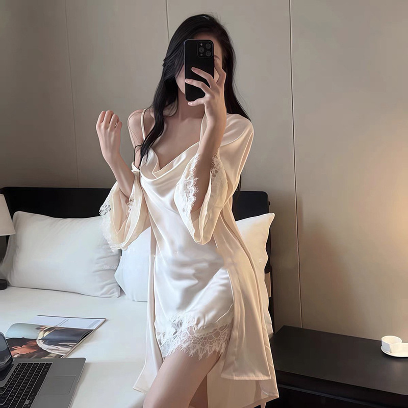 高定轻奢睡衣女秋季新款固定胸垫荡领吊带睡袍套装薄款睡裙家居服|undefined