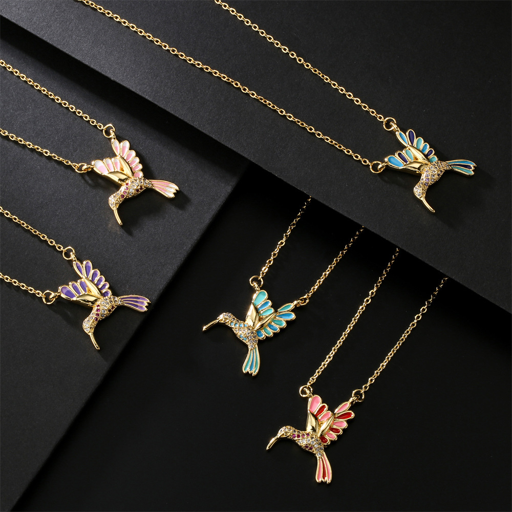 European And American New Drop Oil Bird Pendant Copper Plated Real Gold Necklace display picture 2