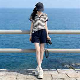深圳南油套装女2026夏季条纹连帽短袖短裤两件套洋气减龄运动穿搭