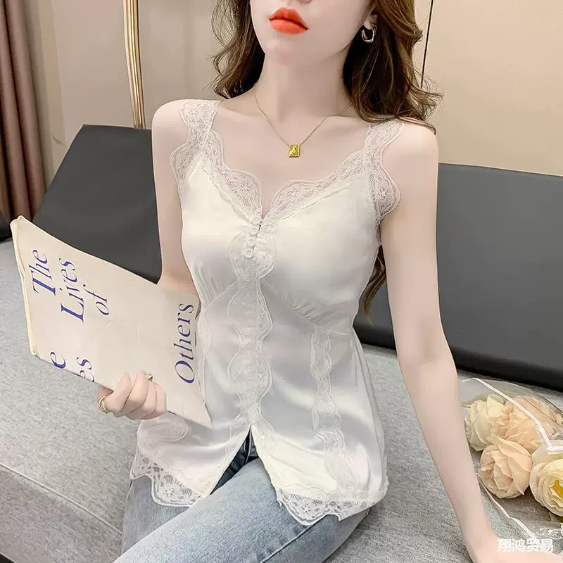 Ацетат камзол женский костюм с продвинутым чувством кружева сексуальная нижняя рубашка без рукавов шикарный топ летом
