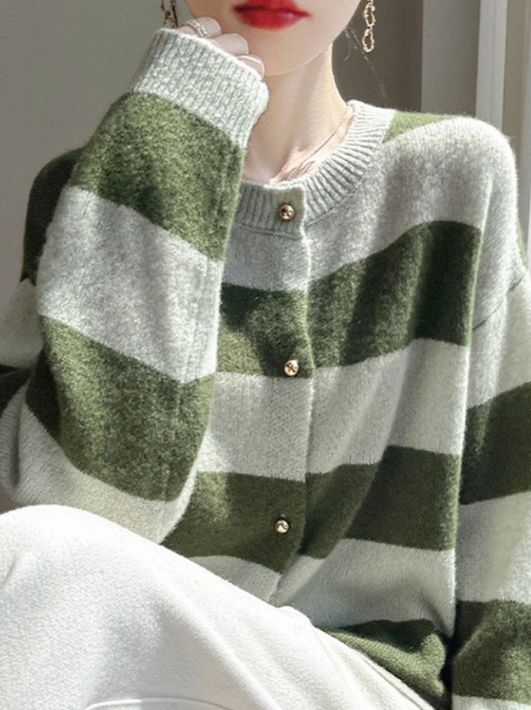 韩系撞色条纹针织衫开衫女秋冬小众设计感圆领软糯长袖毛衣外套潮|undefined