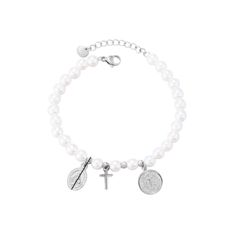 Pulsera de Perlas de Imitación con Dije Redondo de Aleación, Galvanizada, para Mujer