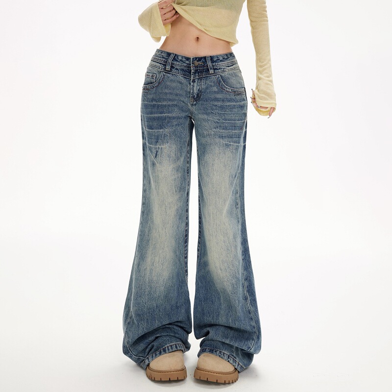 American Retro Low-Waist Loose Flared Pants with a Draping Effect, Floor-Length, Versatile and Slimming Denim Jeans for Women in Spring and Summer