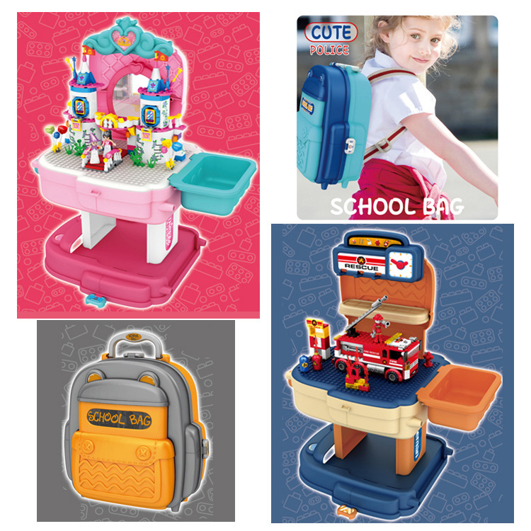 El comercio exterior de los niños DIY bloques de construcción mochila juguete bomberos coche ingeniería animal diapositiva montaje educación temprana bloques de construcción traje