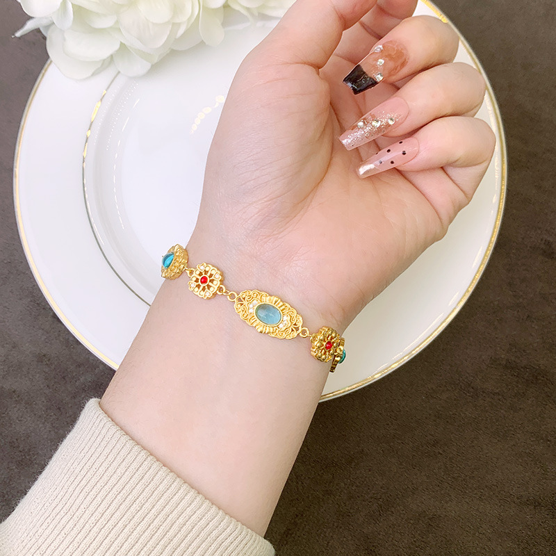 Retro Vietnam arena oro pulsera China diamantes de viento hueco filamento flor brocado pulsera mujer no se desvanece joyas