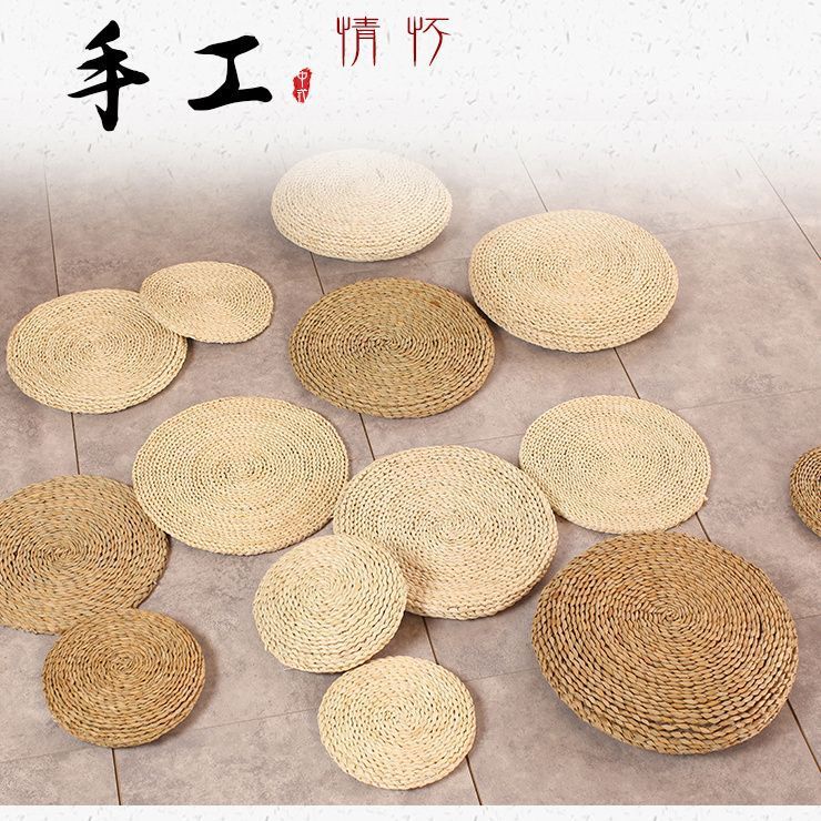 In-Stock Large Floor Cushion for Windowsill, Round Kneeling Meditation Cushion, Thickened Corn Husk Straw Mat for Zen Practice, Japanese Style