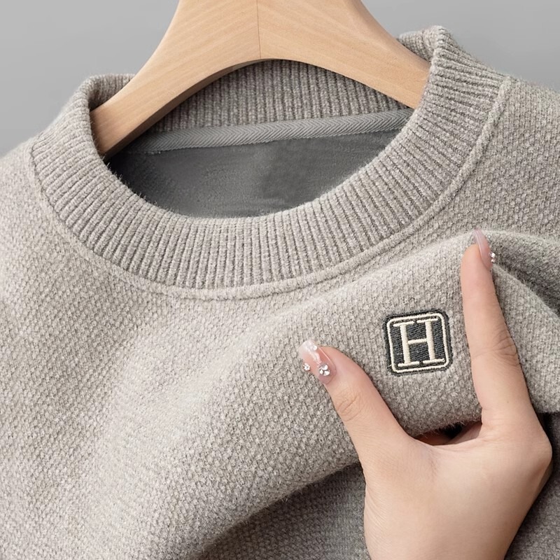 Cross-border Crewneck Sweater Men's fleece-lined Thickened Autumn and Winter Chenille One-piece Fleece Knitted Base Shirt Men's Inner Winter Wear