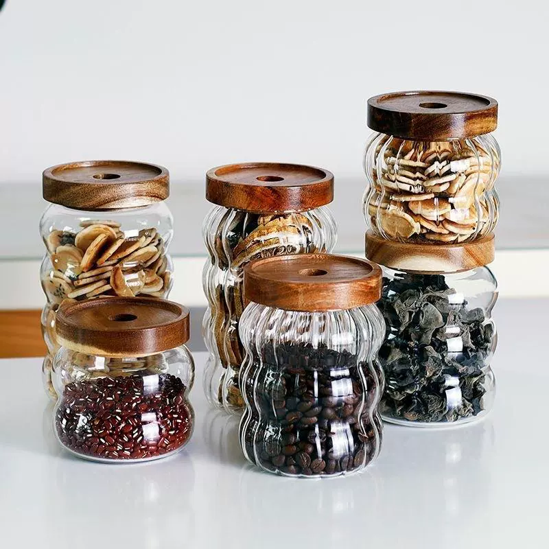 Ст striped glass sealing tank acacia wooden lid storage tank transparent storage storage tank coffee bean tea sealed can