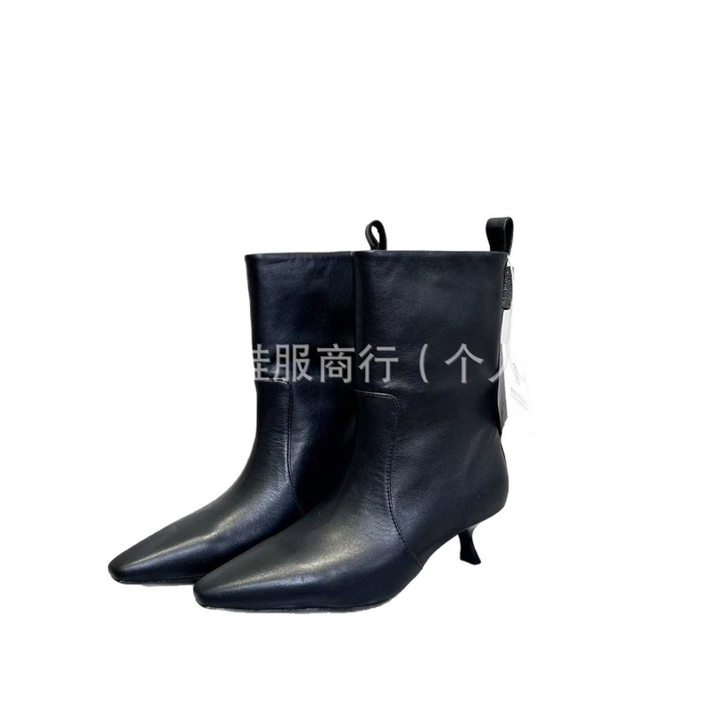 高端2025秋冬真皮尖头细跟高跟套筒瘦瘦靴时装单靴中跟短靴裸靴女|undefined