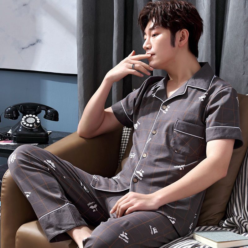 Pijama de algodón 100% de primavera y verano de los hombres pantalones de manga corta cardigan Delgado de los hombres de primavera y otoño de manga corta ropa para el hogar