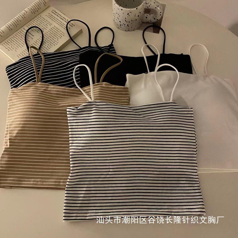 Korean-style Striped Short Camisole Women's Contrast Color Simple Basic Fixed Cup Fashionable Outer Wear All-match Top for Women