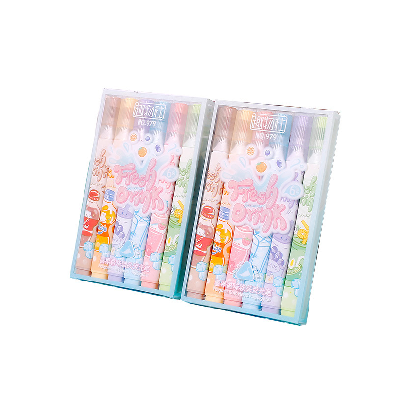 Resaltador de cabeza suave afrutado para tomar notas, sello, juego de bolígrafos de colores, bolígrafos de mano especiales para estudiantes, bolígrafos clave