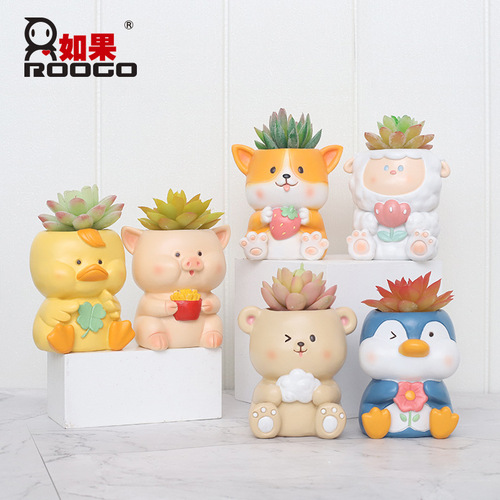 Cartoon resin succulent flowerpot creative gardening micro-landscape handmade succulent green plant container succulent small potted flower holder