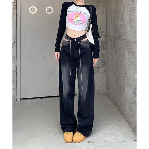 Retro Wide-Leg Denim Jeans for Women - Loose Fit Spring and Autumn New Hot Girl Style High-Waisted Design-Savvy Slimming Versatile Floor-Length Pants Trendy