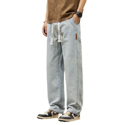 American-style creative spring high-end street slim-fit jeans for men, straight-leg vibe design wide-leg denim